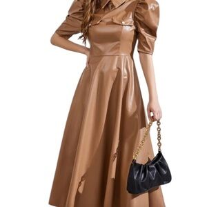 SHEIN Flap Detail Gigot Sleeve PU Leather Dress Brown lined Sz 10 Women